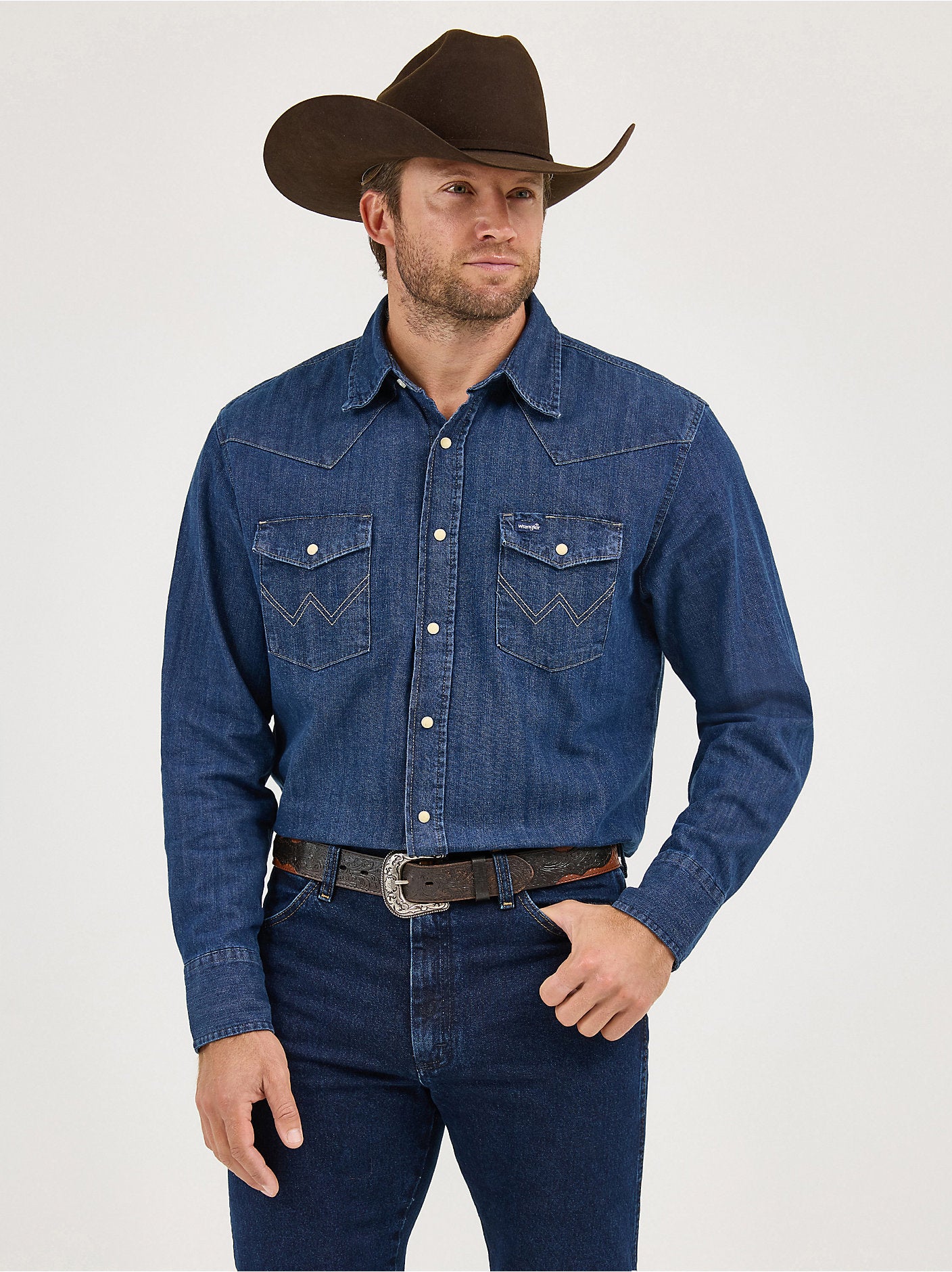 Cowboy Cut Long Sleeve Western Denim Snap Work Shirt