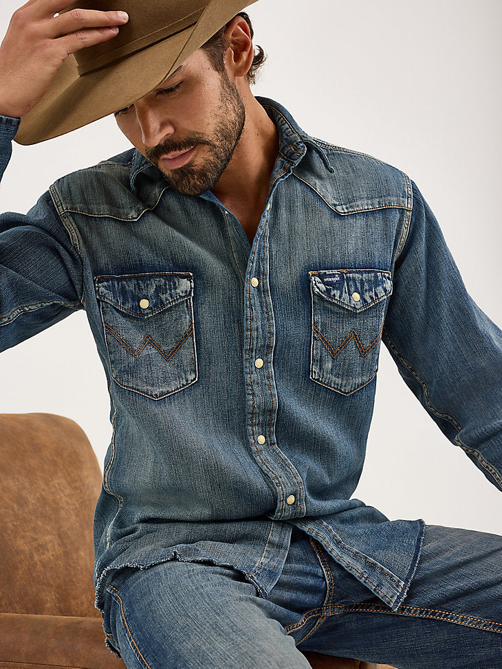 Cowboy Cut Long Sleeve Western Denim Snap Work Shirt