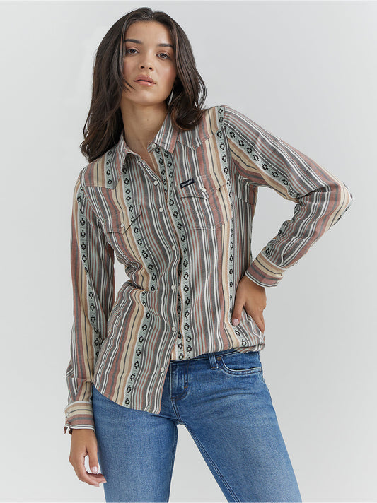 Women's Retro Long Sleeve Southwestern Stripe Western Snap Shirt