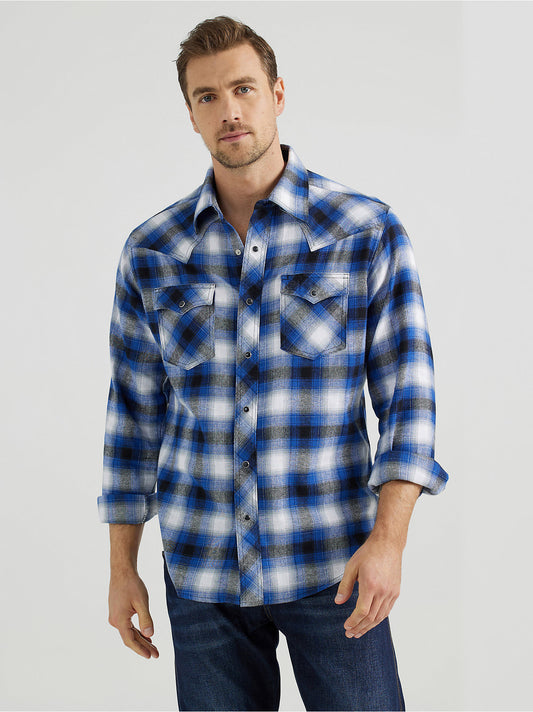 Men's Retro Long Sleeve Flannel Western Snap Plaid Shirt