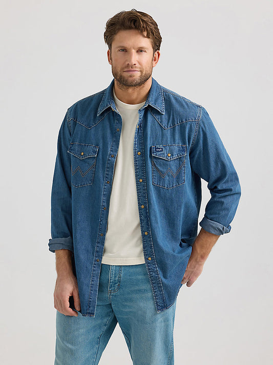 Men's Classic Denim Western Snap Shirt in Mid Wash Denim