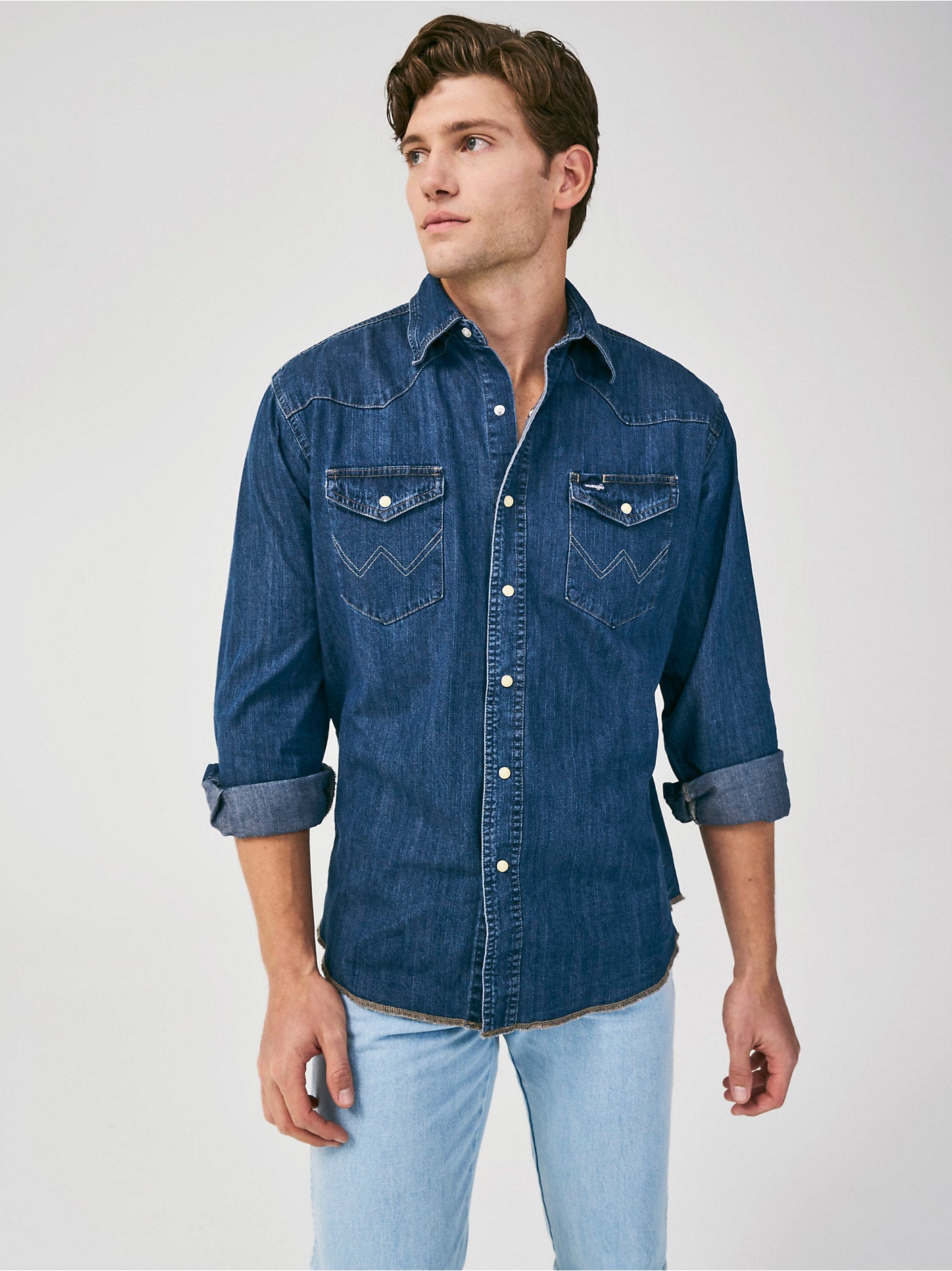 Cowboy Cut Long Sleeve Western Denim Snap Work Shirt