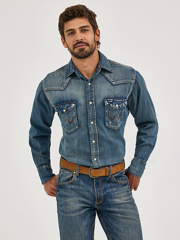 Cowboy Cut Long Sleeve Western Denim Snap Work Shirt