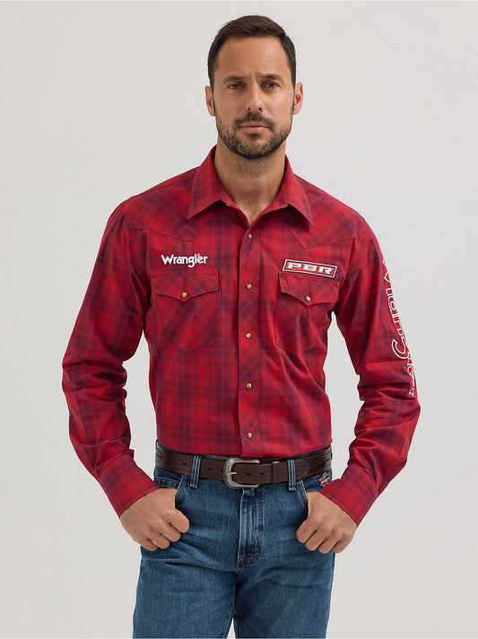 Men's PBR Logo Long Sleeve Plaid Western Snap Shirt